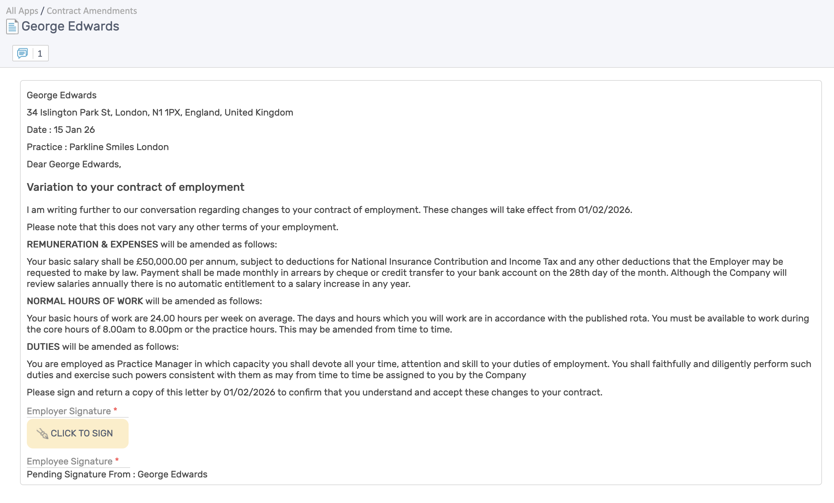 Contract amendment e-signature form showing the variation letter and signature fields