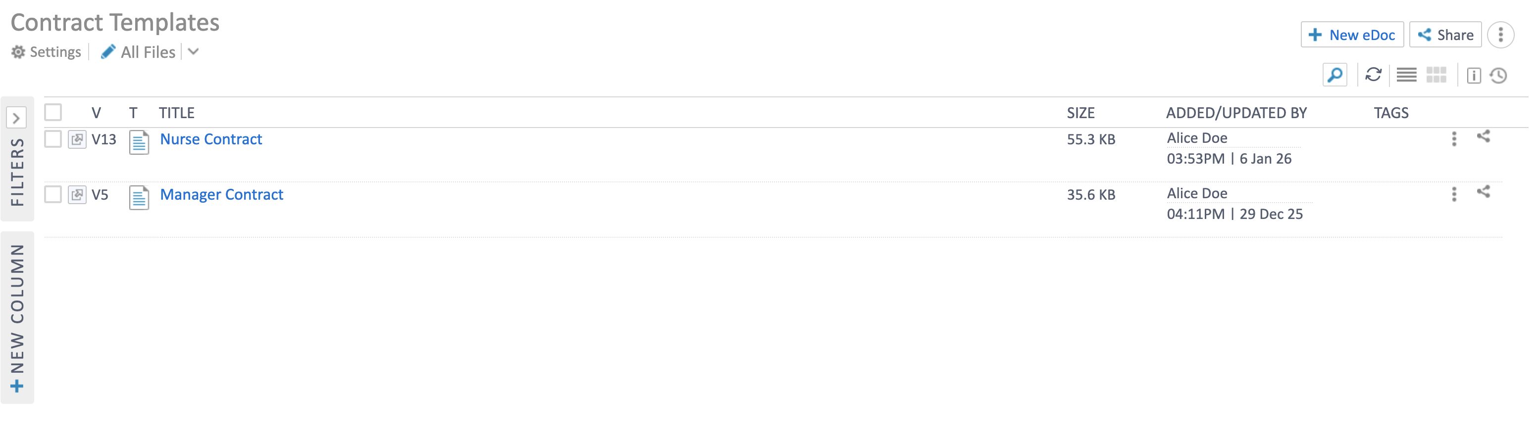 Contract Templates app showing a list of saved templates