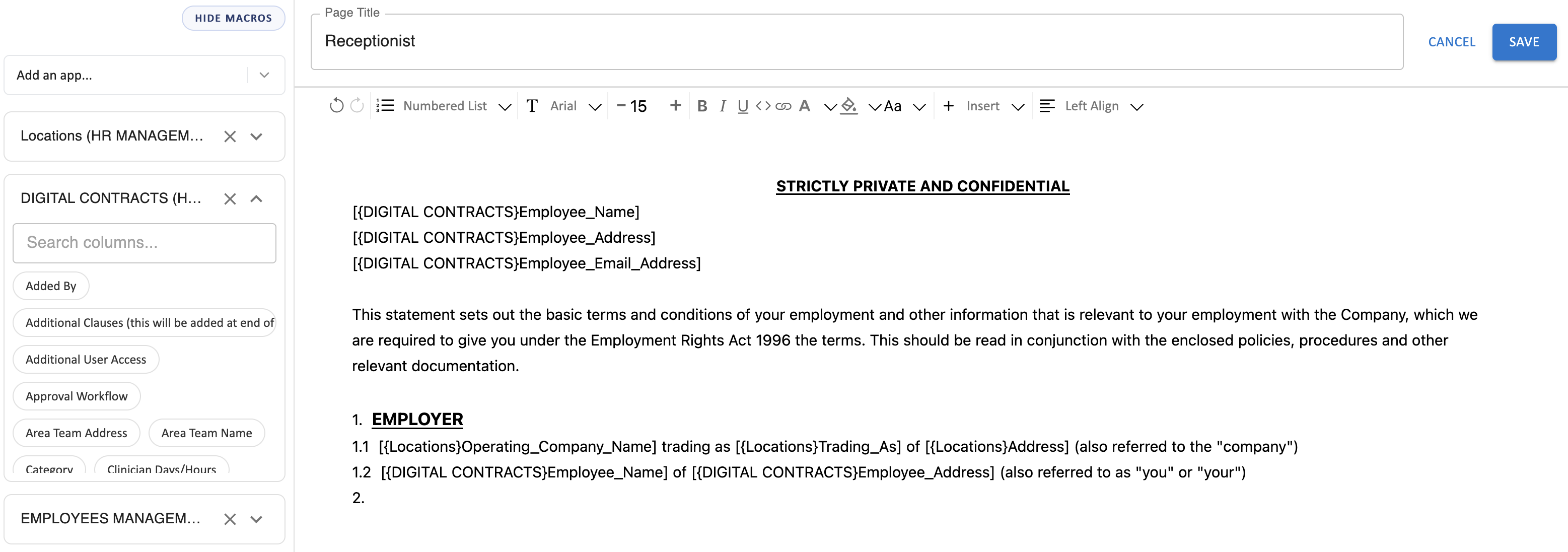 Contract template editor with placeholders and formatting toolbar