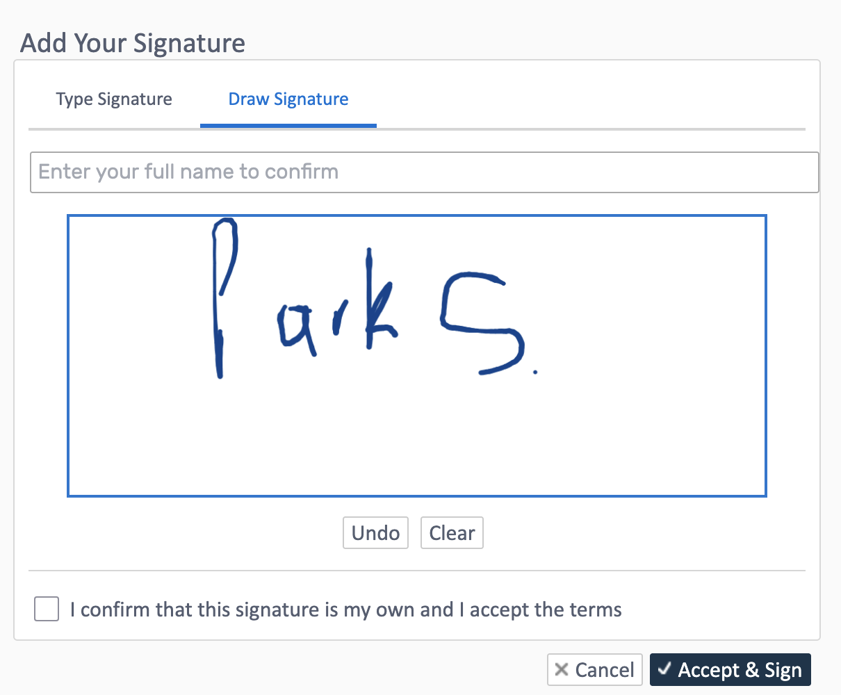 Signature capture dialog with draw and type options