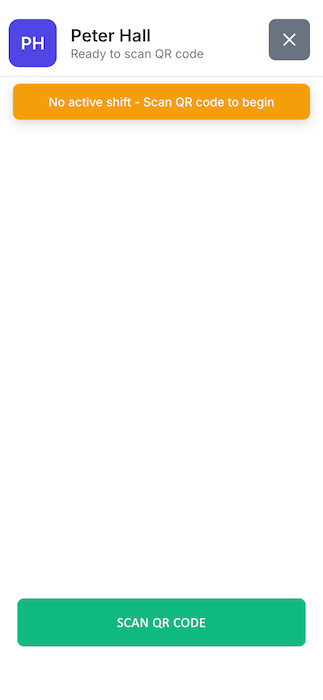 Time Clock screen ready to scan QR code