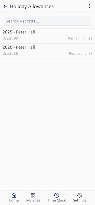 Holiday allowances showing used and remaining days