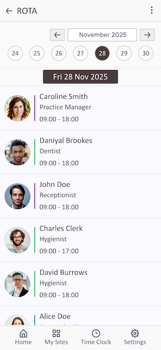 Rota schedule showing daily staff assignments