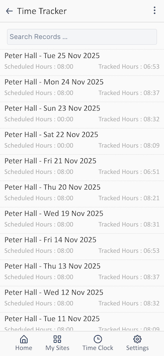 List of timesheets showing scheduled vs tracked hours