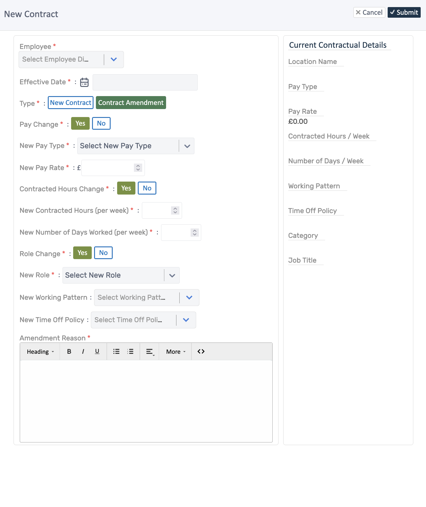 New Contract / Contract Amendment form
