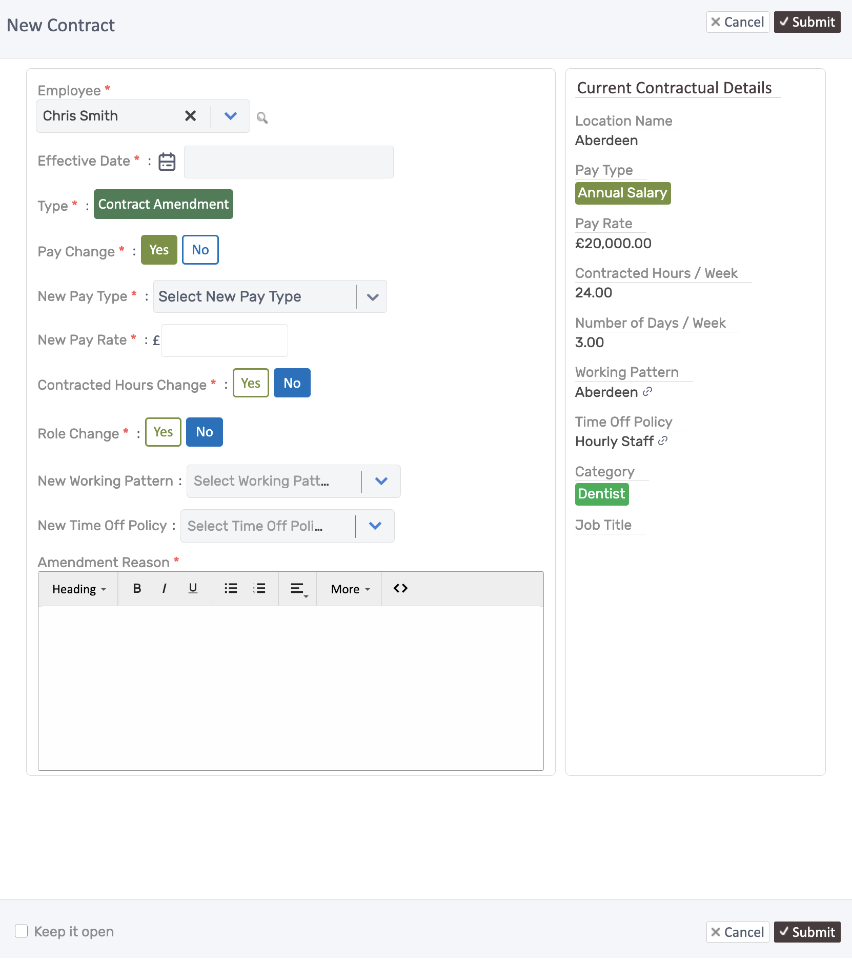 New Contract Amendment form with change toggles and current contractual details
