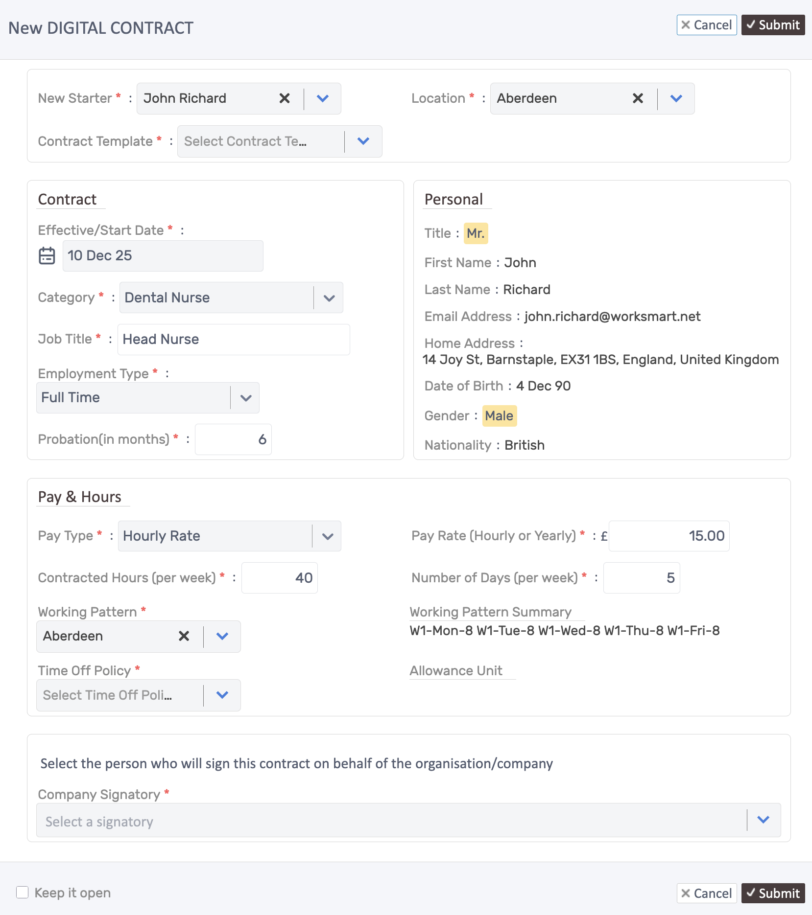 New Digital Contract form showing contract, personal, and pay details