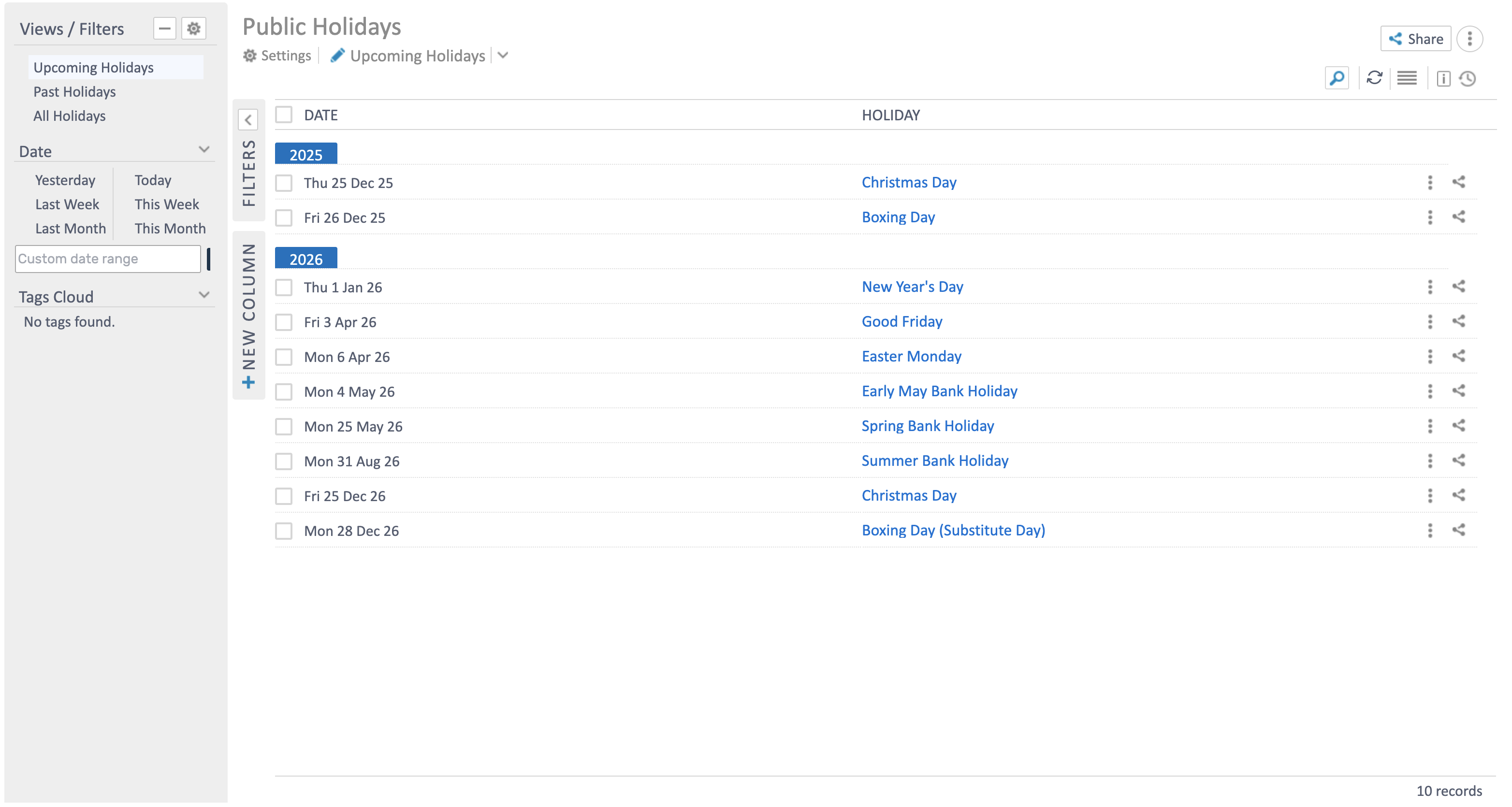 Public Holidays list