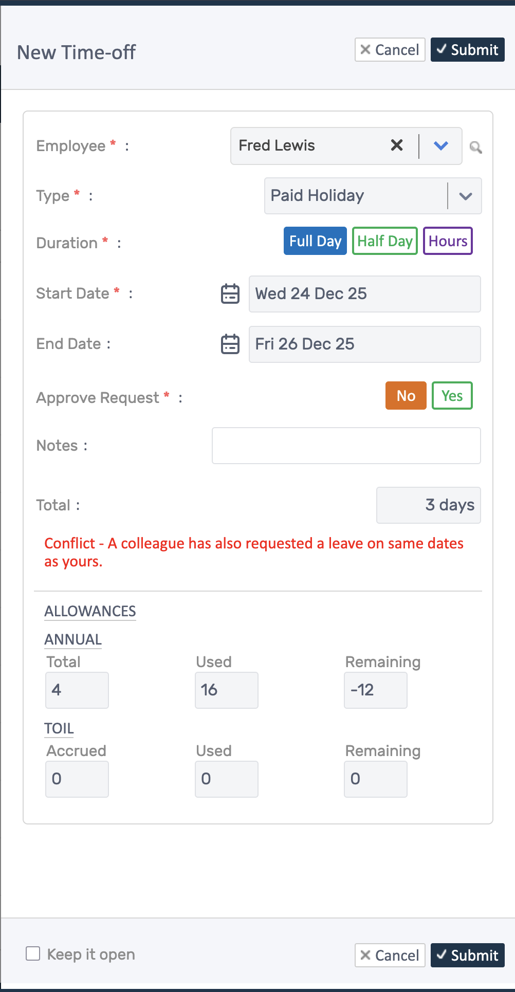 New time-off request form showing employee, type, duration options, date range, approval toggle, allowance summary, and conflict warning.