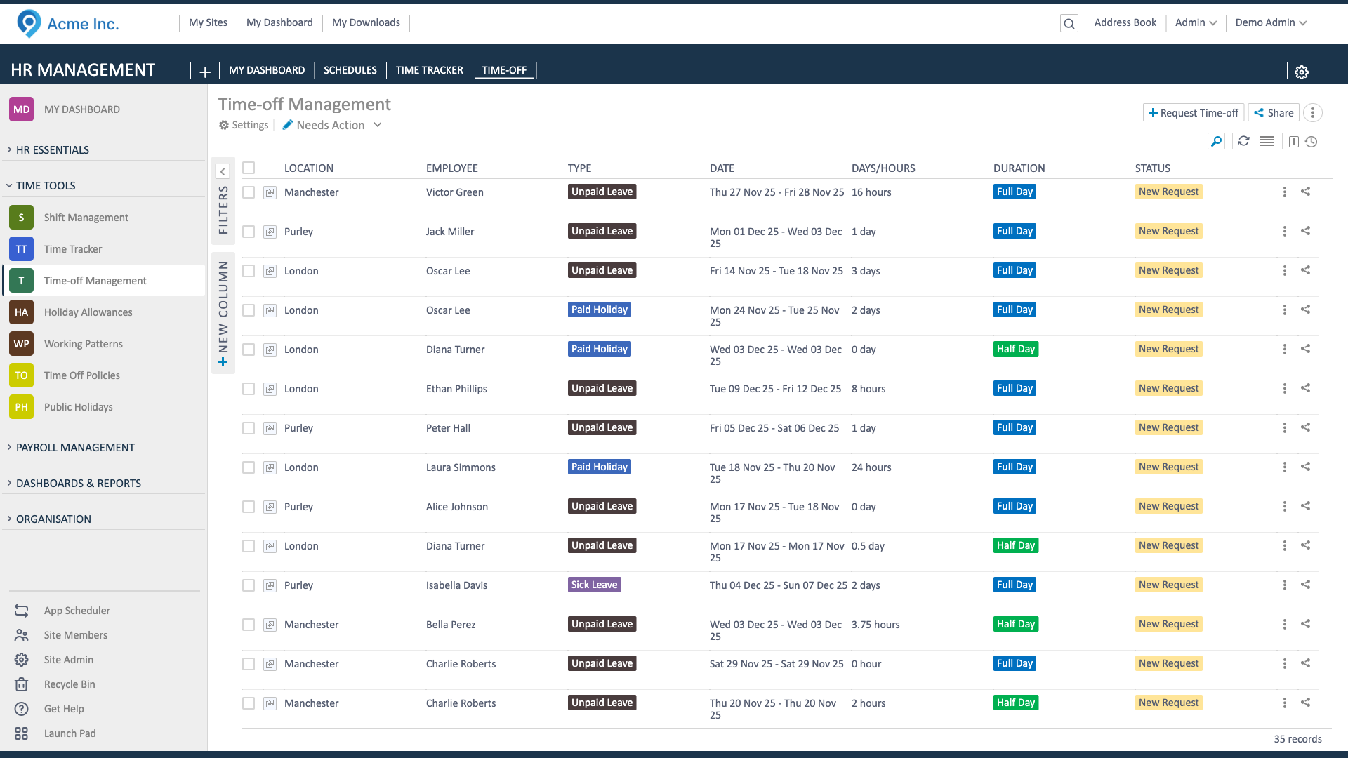 Time-off list view with type, date, duration, and status columns.