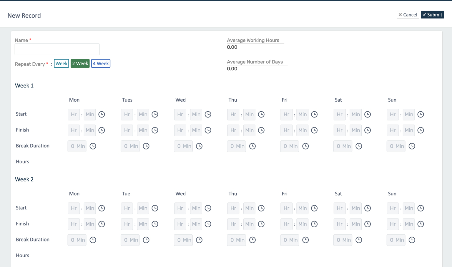 Add Working Pattern form with day-by-day hours and break fields.