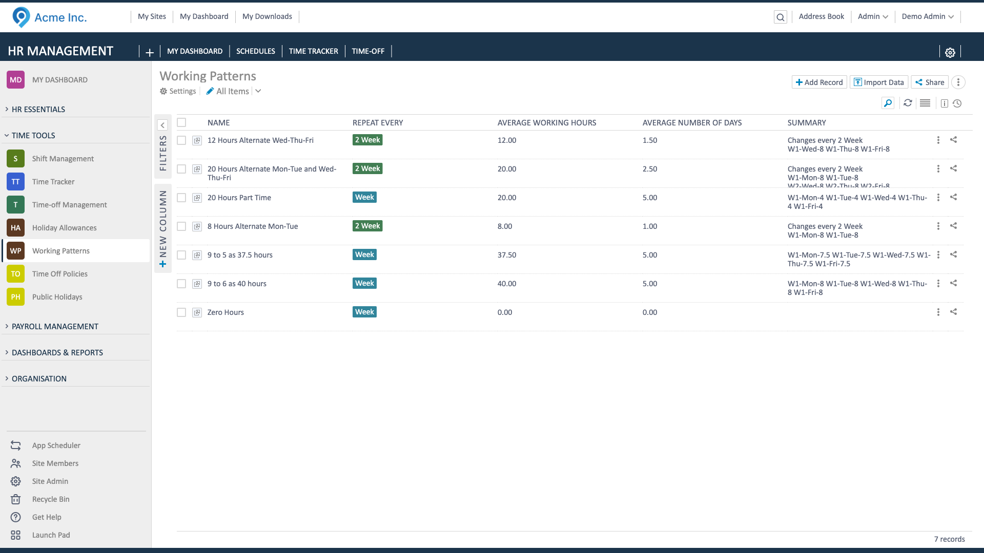 Working Patterns list showing existing patterns.
